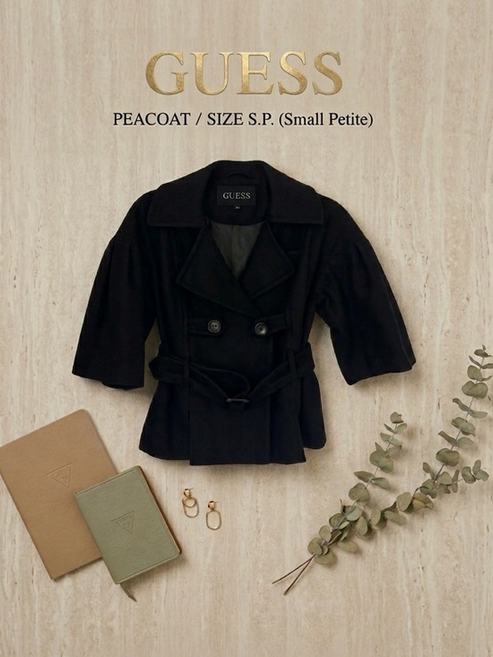Guess Jackets & Blazers - GUESS Women’s Dbl Breasted Pea Coat Black Wool Blend Cropped Belt 3/4 Sleeve S/P